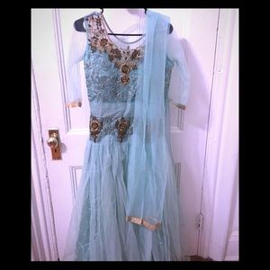 Beautiful formal gold embroidery sea green gown